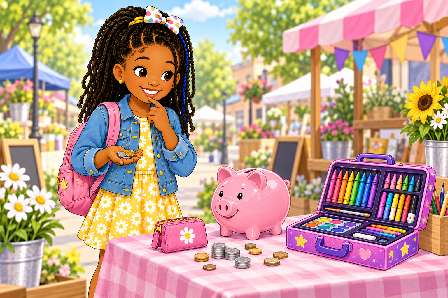 Olivia considers whether to save her coins or purchase a colorful art kit.
