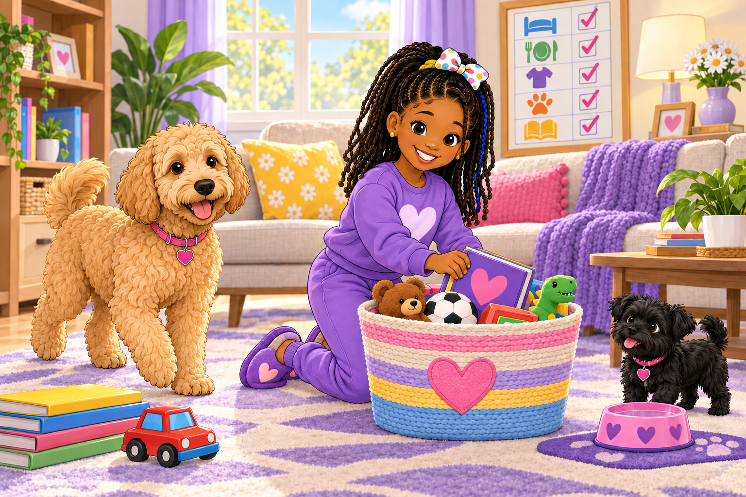 Olivia cheerfully organizes her toys while Zoe and Bella help with the family chore routine.